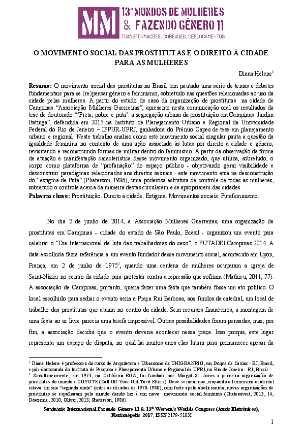 First page of “O movimento social das prostitutas e o direito à cidade para as mulheres”