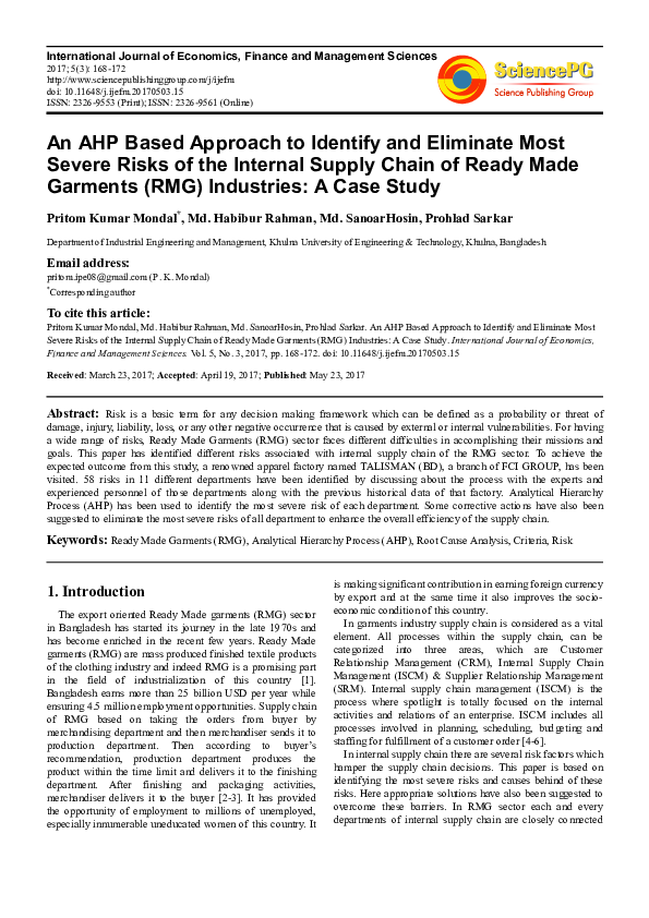 First page of “An AHP Based Approach to Identify and Eliminate Most Severe Risks of the Internal Supply Chain of Ready Made Garments (RMG) Industries: A Case Study”