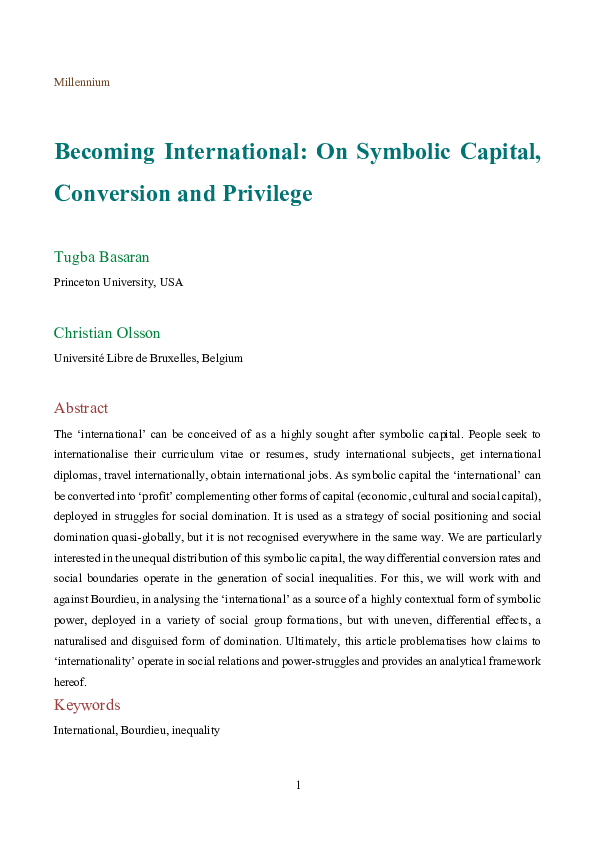 First page of “Becoming International: On Symbolic Capital, Conversion and Privilege”