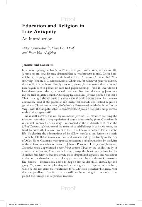 First page of “Gemeinhardt P. - Van Hoof L. - Van Nuffelen P. (2016) ‘Education and Religion in Late Antiquity: An Introduction’. In P. Gemeinhardt - L. Van Hoof - P. Van Nuffelen (eds.), 1-9.”