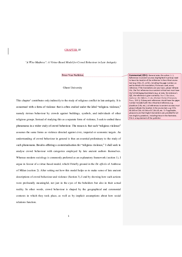 First page of “2018. “A wise madness”. A virtue-based model for crowd behaviour in Late Antiquity. in C. De Wet and W. Mayer, eds., Reconceiving Religious Conflict: New Views from the Formative Centuries of Christianity, London, Routledge, 2018, 234-258.”