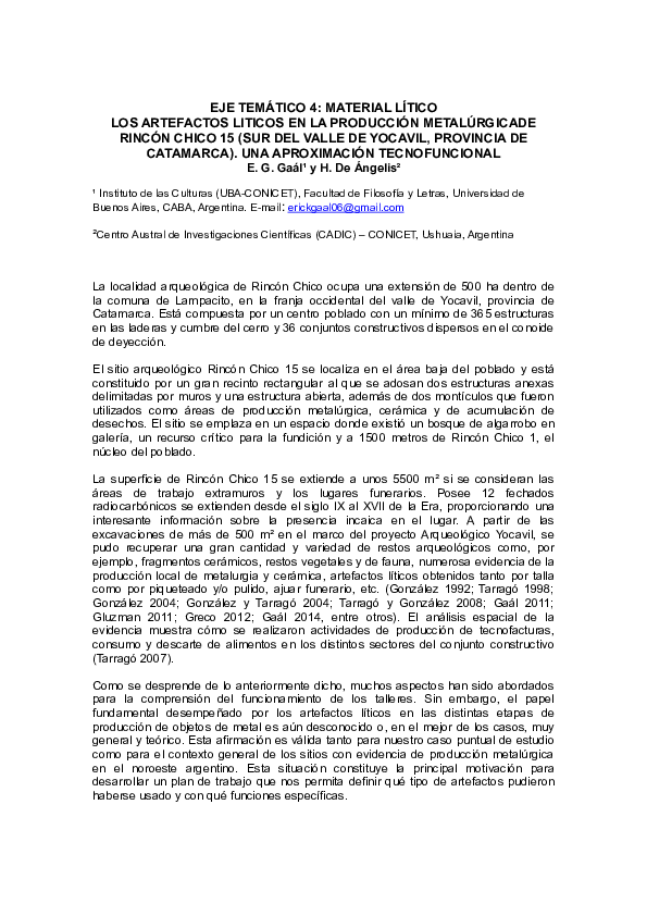 First page of “LOS ARTEFACTOS LÍTICOS EN LA PRODUCCIÓN METALÚRGICA DE RINCÓN CHICO 15 (SUR DEL VALLE DE YOCAVIL, PROVINCIA DE CATAMARCA). UNA APROXIMACIÓN TECNOFUNCIONAL”