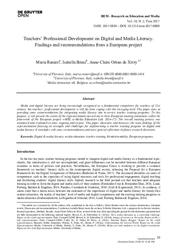 First page of “Teachers' Professional Development on Digital and Media Literacy. Findings and recommendations from a European project”