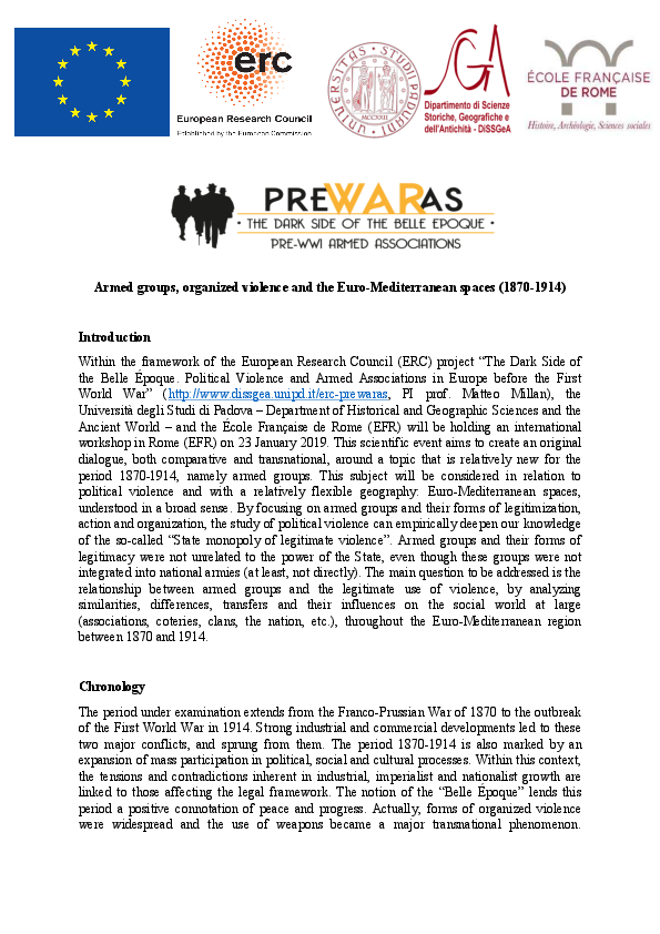 First page of “CFP Armed groups, organized violence and the Euro-Mediterranean spaces (1870-1914)”