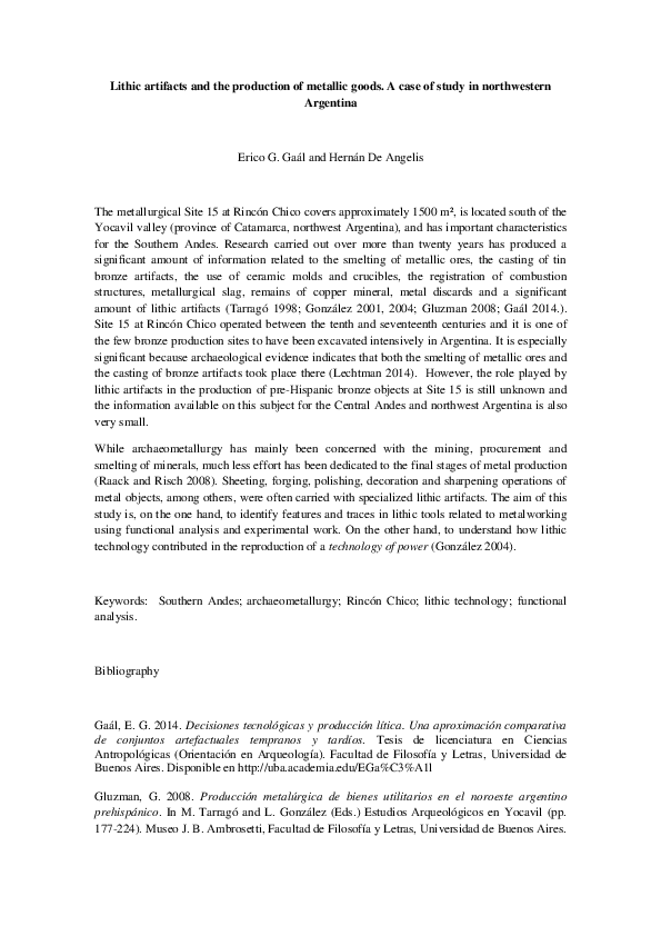First page of “Lithic artifacts and the production of metallic goods. A case of study in northwestern Argentina”