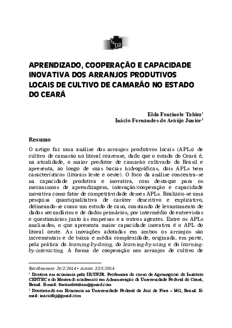 First page of “Aprendizado, Cooperação e Capacidade Inovativa dos Arranjos Produtivos Locais de Cultivo de Camarão no Estado do Ceará”