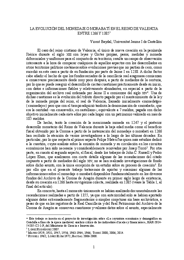 First page of “"La evolución del monedaje o morabatí en el Reino de Valencia entre 1266 y 1385", en 'Fisco y moneda. El uso del dinero y las economías urbanas en los reinos hispanos, siglos XIV-XVIII', Instituto de Estudios Fiscales, Madrid, en prensa”