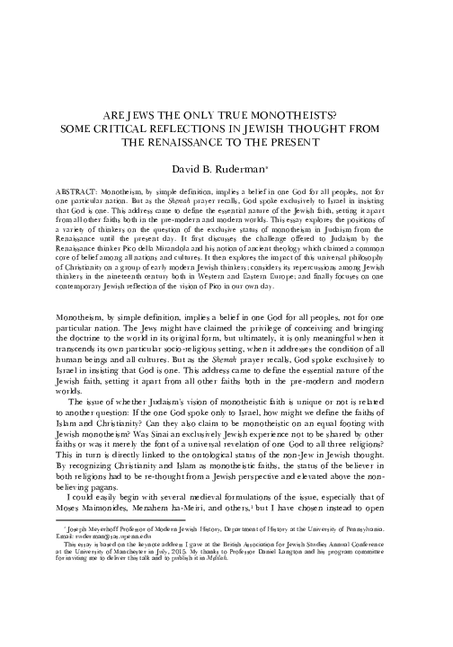 First page of “David B. Ruderman, “Are Jews the Only True Monotheists? Some Critical Reflections in Jewish Thought from the Renaissance to the Present,” Melilah: Manchester Journal of Jewish Studies, vol. 12 (2015): 22-30”