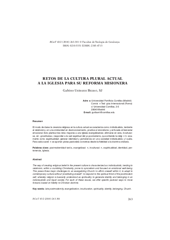 First page of “RETOS DE LA CULTURA PLURAL ACTUAL A LA IGLESIA PARA SU REFORMA MISIONERA”