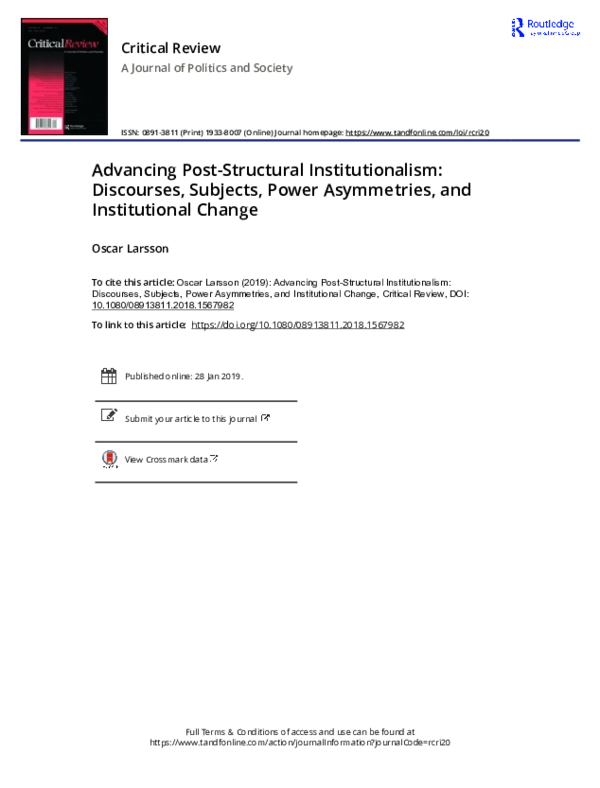 First page of “Advancing Post Structural Institutionalism Discourses Subjects Power Asymmetries and Institutional Change.pdf”