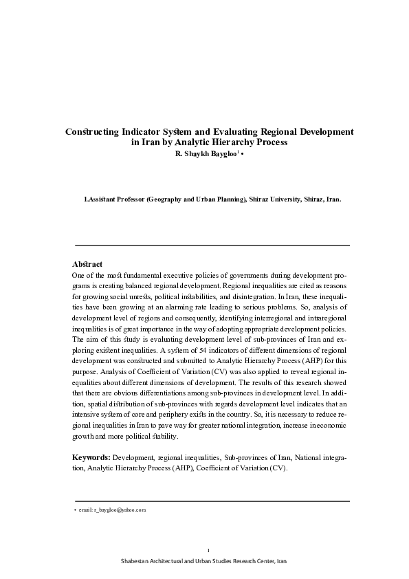 First page of “Constructing Indicator System and Evaluating Regional Development in Iran by Analytic Hierarchy Process”