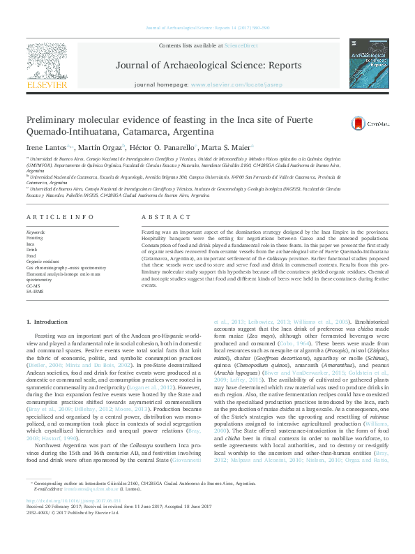 First page of “Preliminary molecular evidence of feasting in the Inca site of Fuerte Quemado-Intihuatana, Catamarca, Argentina”