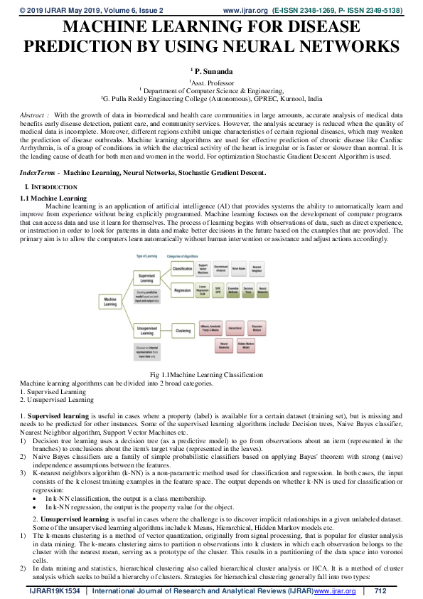 First page of “MACHINE LEARNING FOR DISEASE PREDICTION BY USING NEURAL NETWORKS”