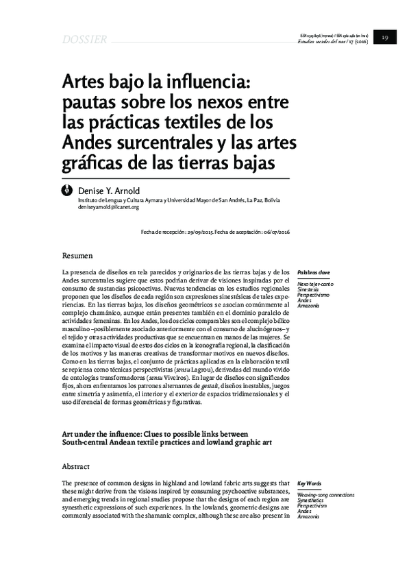 First page of “Artes bajo la influencia: pautas sobre los nexos entre las prácticas textiles de los Andes surcentrales y las artes gráficas de las tierras bajas”