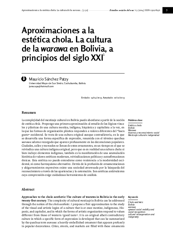 First page of “Aproximaciones a la estética chola. La cultura de la warawa en Bolivia, a principios del siglo XXI.”