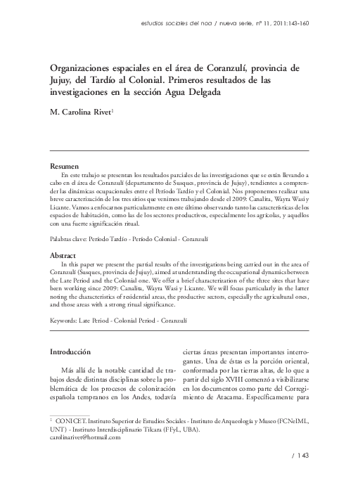 First page of “Organizaciones espaciales en el área de Coranzulí, provincia de Jujuy, del Tardío al Colonial. Primeros resultados de las investigaciones en la sección Agua Delgada.”