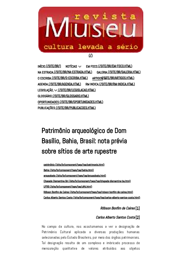 First page of “Patrimônio arqueológico de Dom Basílio, Bahia, Brasil: nota prévia sobre sítios de arte rupestre”