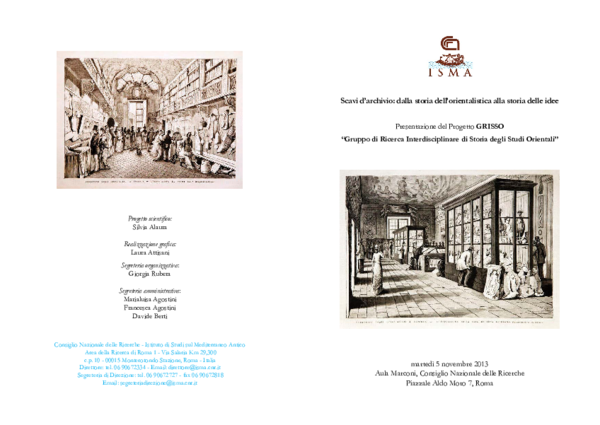 First page of “Scavi d'archivio: dalla storia dell'orientalistica alla storia delle idee. Presentazione del Progetto GRISSO - Gruppo di Ricerca Interdisciplinare di Storia degli Studi Orientali (5 novembre 2013, Roma, CNR)”