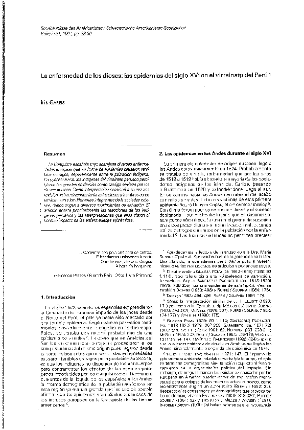 First page of “La enfermedad de los dioses: las epidemias del siglo XVI en el virreinato del Perú.”