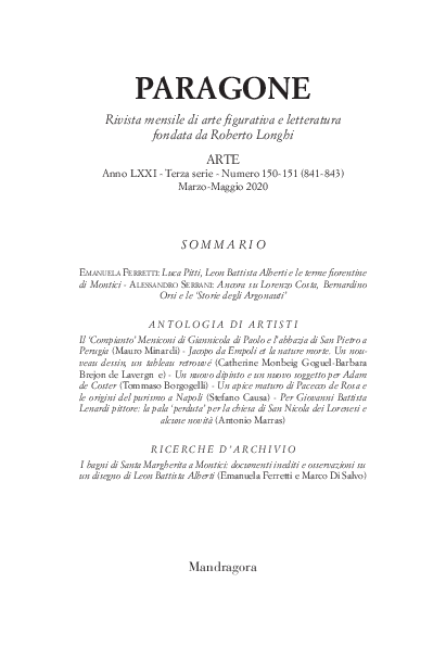 First page of “A. Serrani, Ancora su Lorenzo Costa, Bernardino Orsi e le “Storie degli Argonauti”, in ‘Paragone. Arte’, LXXI, 150-151, 2020, pp. 21-34”