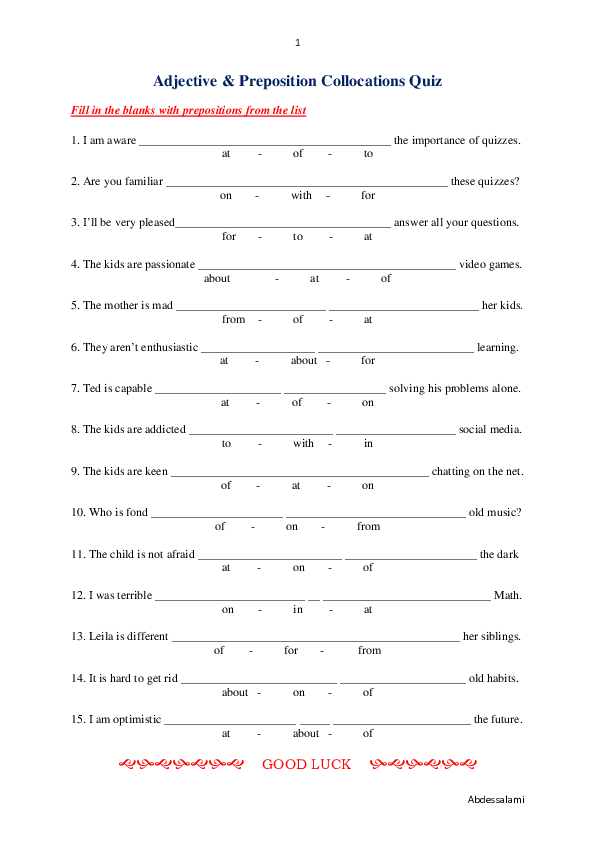 First page of “Adjective & Preposition Collocations Quiz”