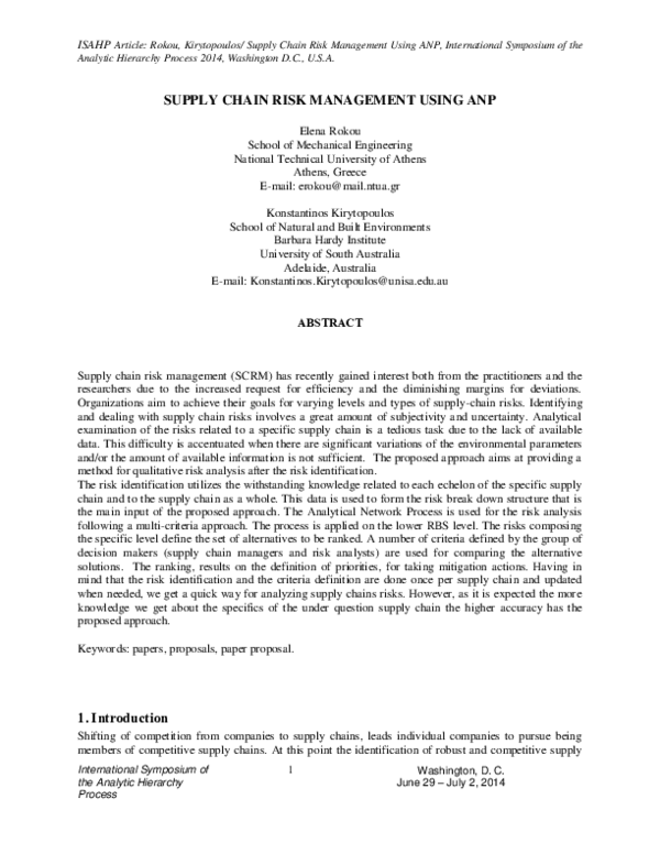 First page of “Supply Chain Risk Management Using ANP”