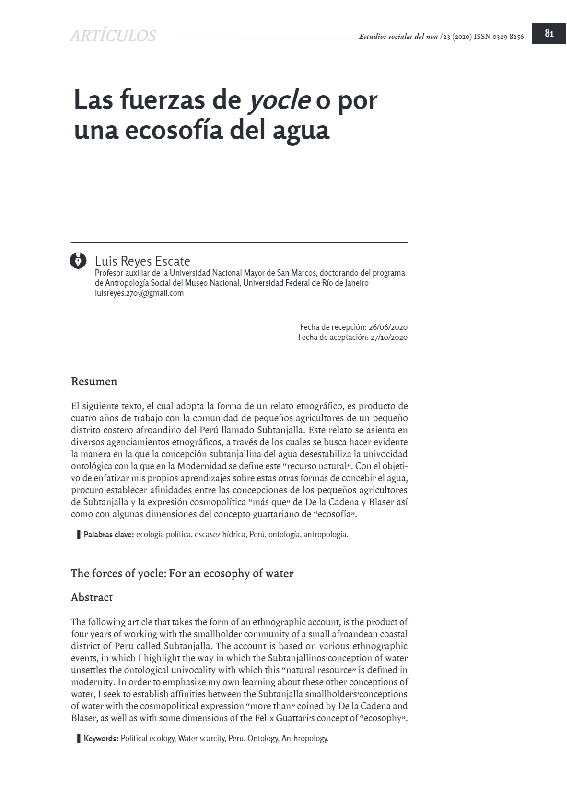 First page of “Las fuerzas de yocle o por una ecosofía del agua”