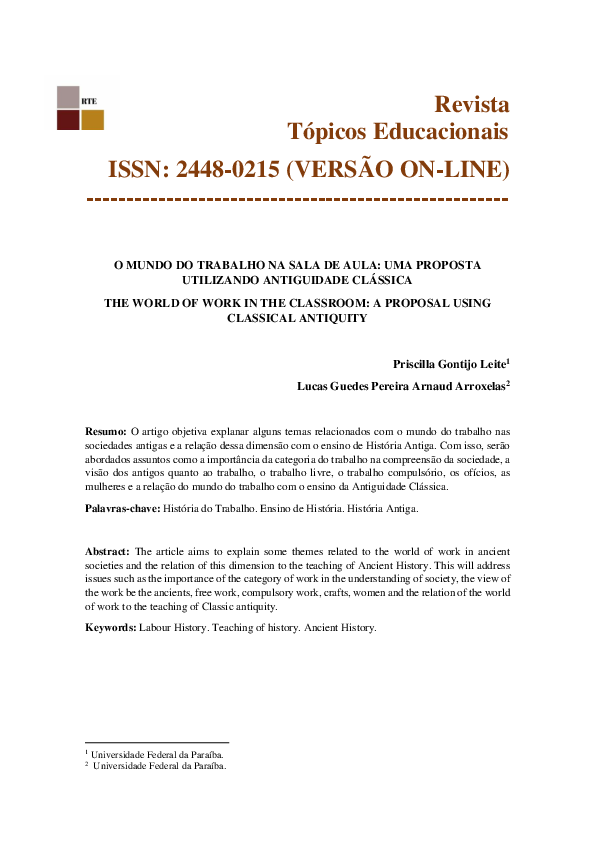 First page of “O MUNDO DO TRABALHO NA SALA DE AULA: UMA PROPOSTA UTILIZANDO ANTIGUIDADE CLÁSSICA”