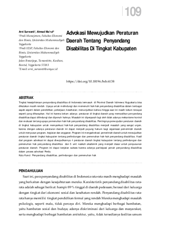 First page of “Advokasi Mewujudkan Peraturan Daerah Tentang Penyandang Disabilitas Di Tingkat Kabupaten”