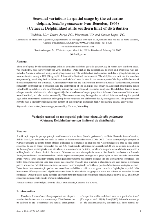 First page of “Seasonal variations in spatial usage by the estuarine dolphin, Sotalia guianensis (van Bénéden, 1864) (Cetacea; Delphinidae) at its southern limit of distribution”