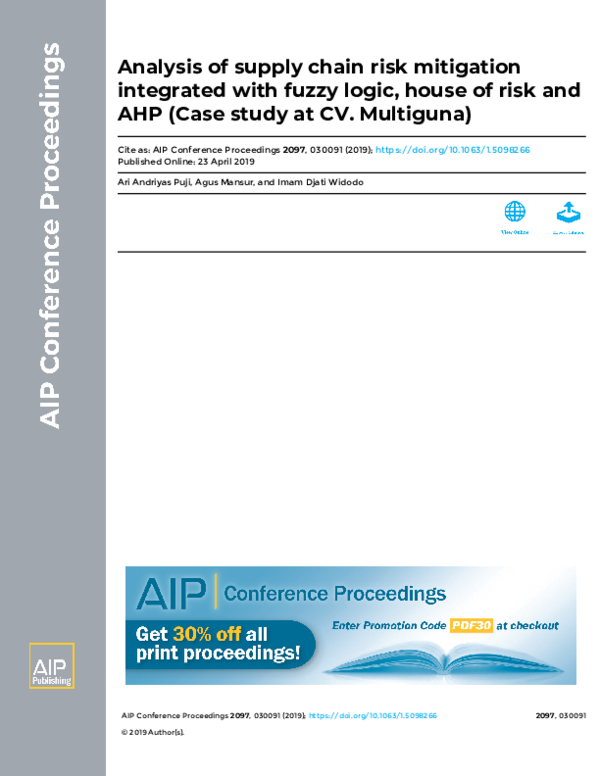 First page of “Analysis of supply chain risk mitigation integrated with fuzzy logic, house of risk and AHP (Case study at CV. Multiguna)”