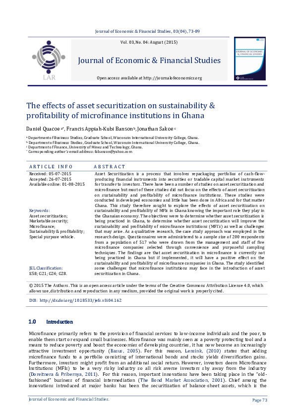 First page of “The effects of asset securitization on sustainability & profitability of microfinance institutions in Ghana”