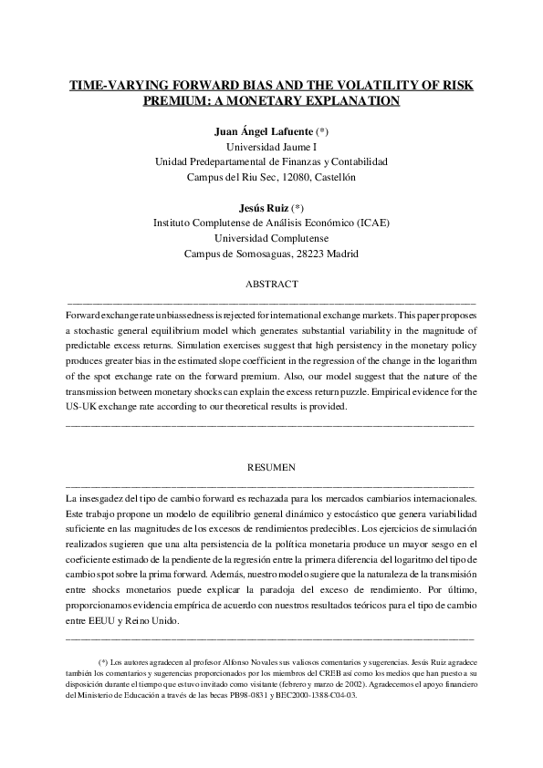 First page of “Time-Varying forward bias and the volatility of risk premium: a monetary explanation”