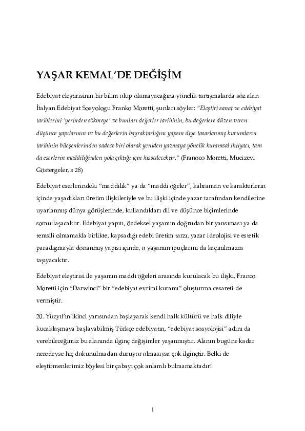 First page of “YAŞAR KEMAL'DE DEĞİŞİM”