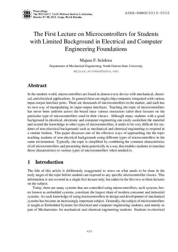 First page of “The First Lecture on Microcontrollers for Students with Limited Background in Electrical and Computer Engineering Foundations”