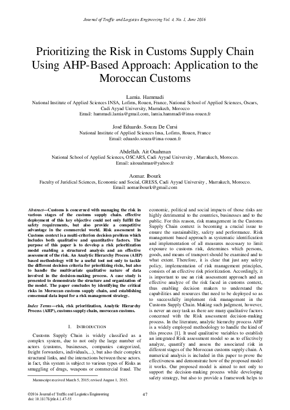 First page of “Prioritizing the Risk in Customs Supply Chain Using AHP-Based Approach: Application to the Moroccan Customs”