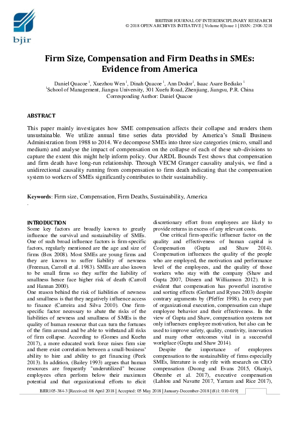 First page of “Firm Size, Compensation and Firm Deaths in SMEs: A Evidence from America”