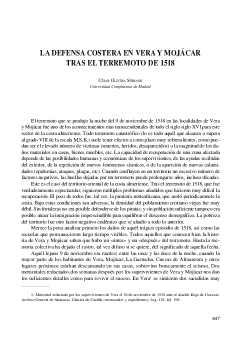 First page of “La defensa costera en Vera y Mojácar tras el terremoto de 1518”