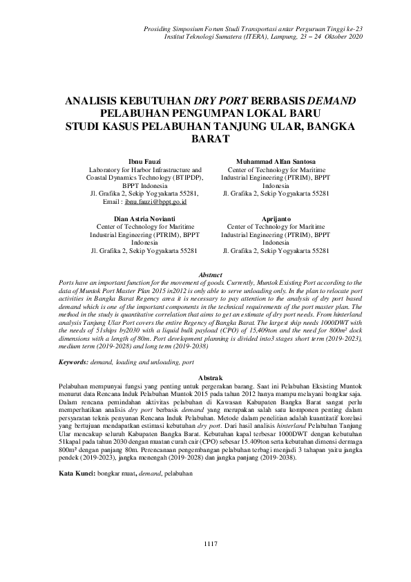 First page of “ANALISIS KEBUTUHAN DRY PORT BERBASIS DEMAND PELABUHAN PENGUMPAN LOKAL BARU STUDI KASUS PELABUHAN TANJUNG ULAR, BANGKA BARAT”