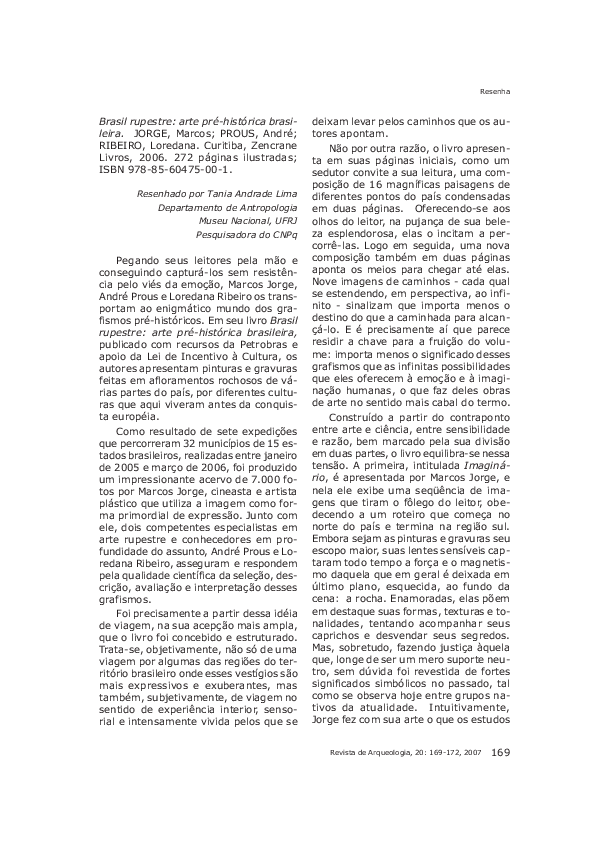 First page of “Brasil rupestre: arte pré-histórica brasileira. JORGE, Marcos; PROUS, André; RIBEIRO, Loredana. Curitiba, Zencrane Livros, 2006. 272 páginas ilustradas; ISBN 978-85-60475-00-1”