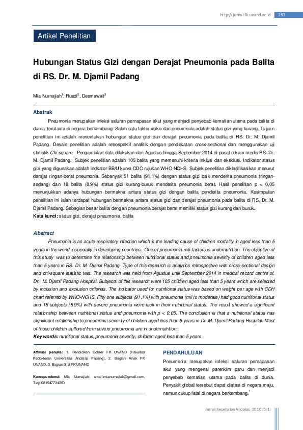 First page of “Hubungan Status Gizi dengan Derajat Pneumonia pada Balita di RS. Dr. M. Djamil Padang”