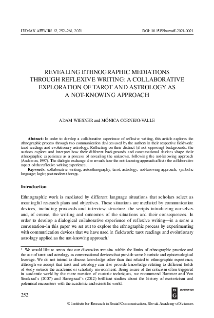 First page of “Revealing Ethnographic Mediations through Reflexive Writing: a Collaborative Exploration of  Tarot and Astrology as Not-Knowing Approach.”