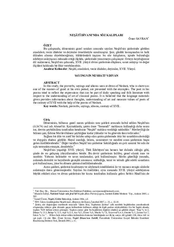 First page of “Neşâtî Di̇vani'Nda Söz Kaliplari”