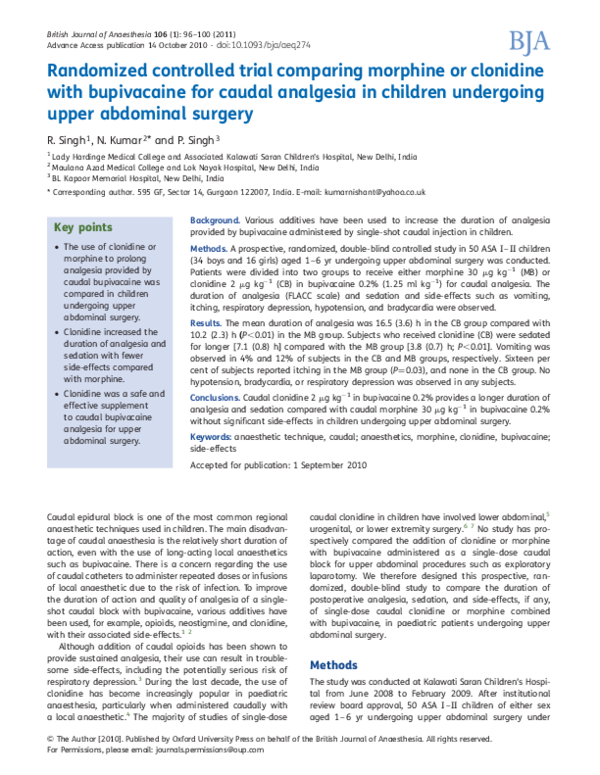 First page of “Randomized controlled trial comparing morphine or clonidine with bupivacaine for caudal analgesia in children undergoing upper abdominal surgery”