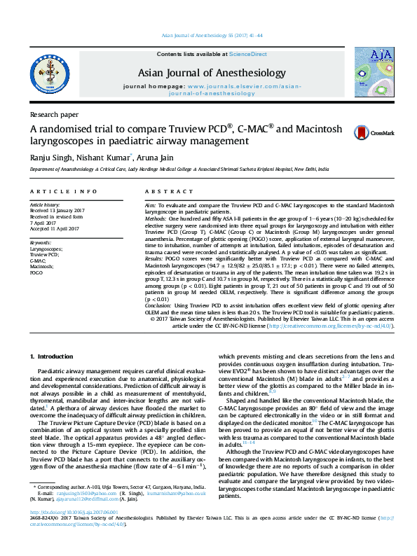 First page of “A randomised trial to compare Truview PCD ® , C-MAC ® and Macintosh laryngoscopes in paediatric airway management”