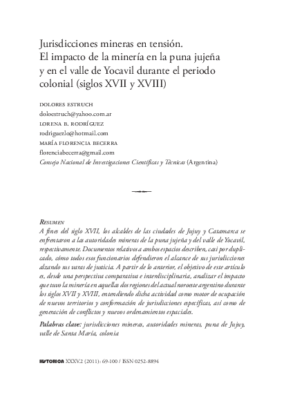 First page of “Jurisdicciones mineras en tensión: el impacto de la minería en la puna jujeña y en el valle de Yocavil durante el periodo colonial (siglos XVII y XVIII)”