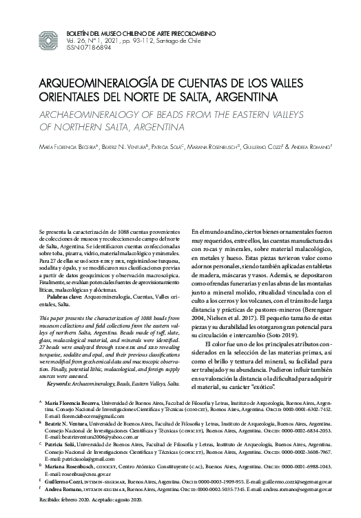 First page of “Arqueomineralogía de cuentas de los valles orientales del norte de Salta, Argentina”