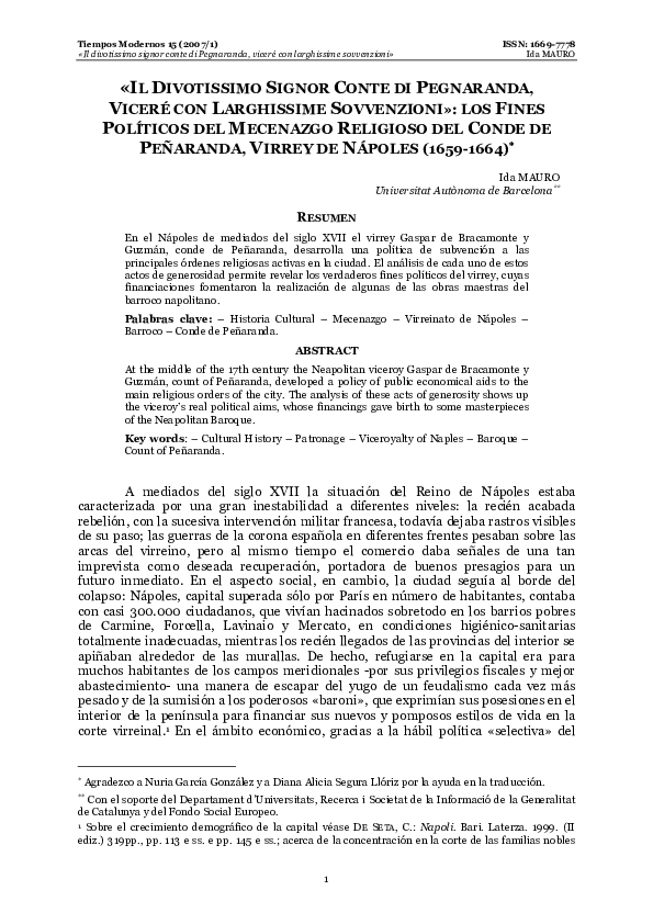 First page of “«Il Divotissimo Signor Conte DI Pegnaranda, Viceré Con Larghissime Sovvenzioni»: Los Fines Políticos Del Mecenazgo Religioso Del Conde De Peñaranda, Virrey De Nápoles (1659-1664) * * * *”