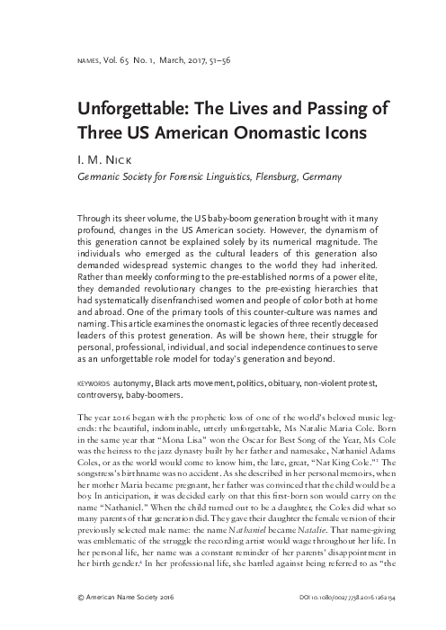 First page of “Unforgettable: The Lives and Passing of Three US American Onomastic Icons”