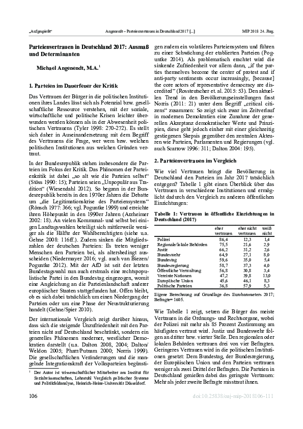 First page of “Parteienvertrauen in Deutschland 2017: Ausmaß und Determinanten”